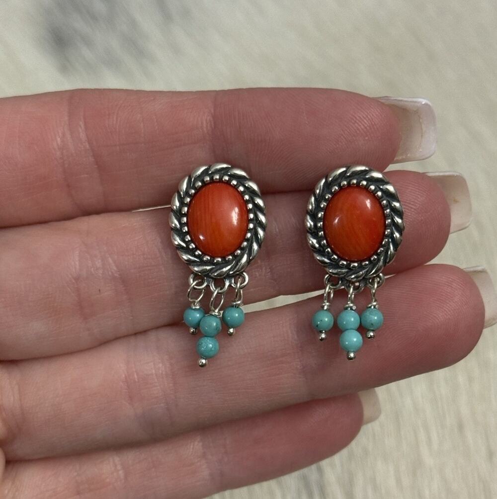 Carolyn Pollack Relios Sterling Silver Oval Coral Turquoise Dangle Stud Earrings